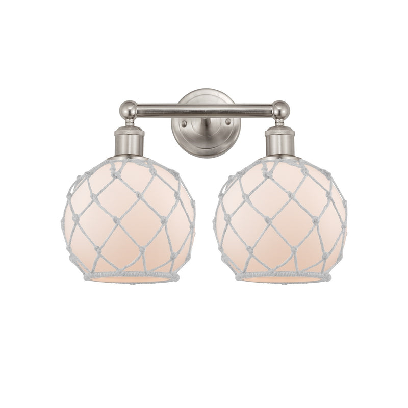 Innovations Farmhouse Rope 17in 2-Light Bath Vanity Light | Industrial Brushed Satin Nickel and White Frosted Glass with Rope | Model 616-2W-SN-G121-8RW