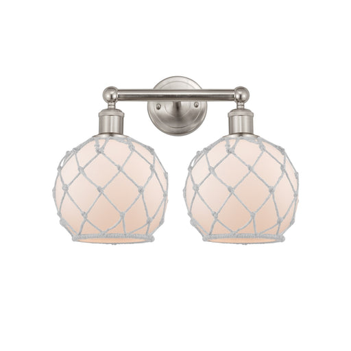 Innovations Farmhouse Rope 17in 2-Light Bath Vanity Light | Industrial Brushed Satin Nickel and White Frosted Glass with Rope | Model 616-2W-SN-G121-8RW