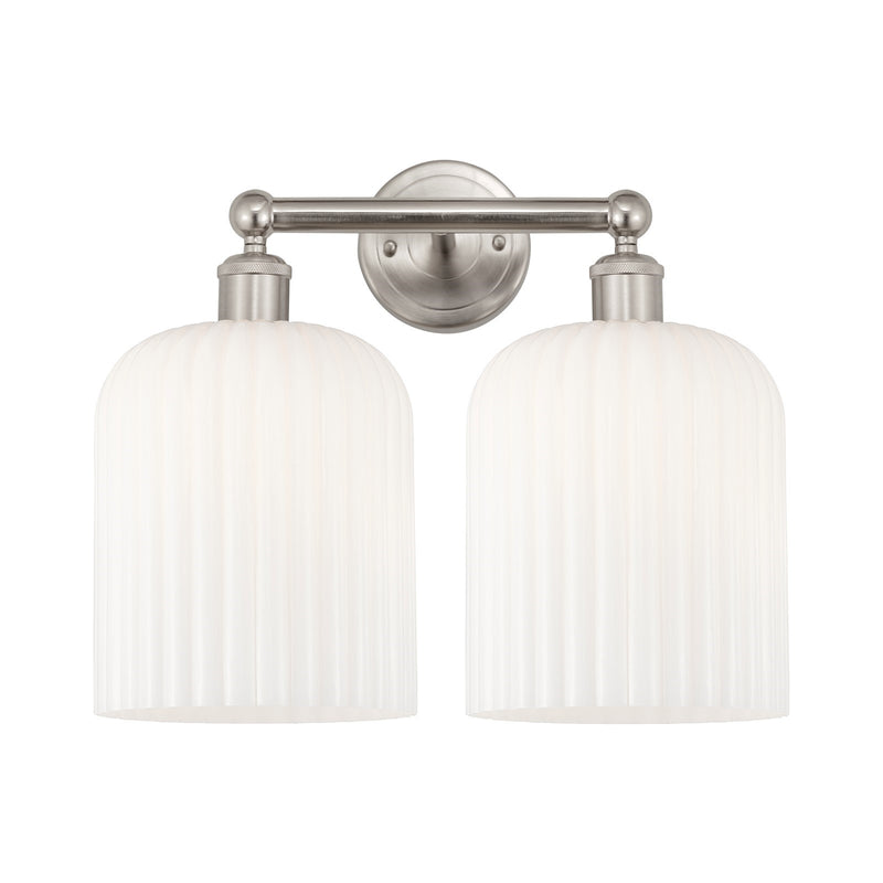 Innovations Bridal Veil 14in 2-Light Bath Vanity Light | Art Nouveau Brushed Satin Nickel and Gloss White Ribbed Glass | Model 616-2W-SN-G559-8GWH