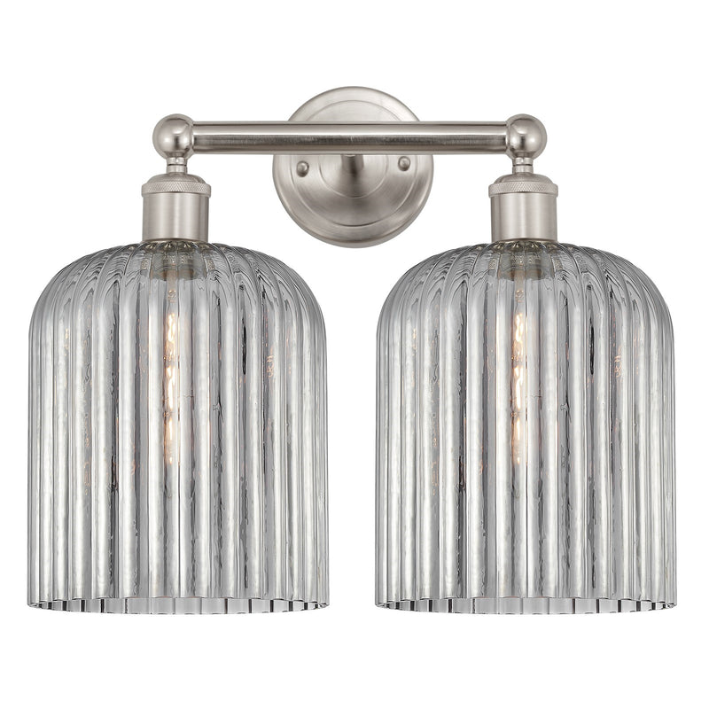 Innovations Bridal Veil 14in 2-Light Bath Vanity Light | Art Nouveau Industrial Brushed Satin Nickel and Light Smoke Ribbed | Model 616-2W-SN-G559-8SM