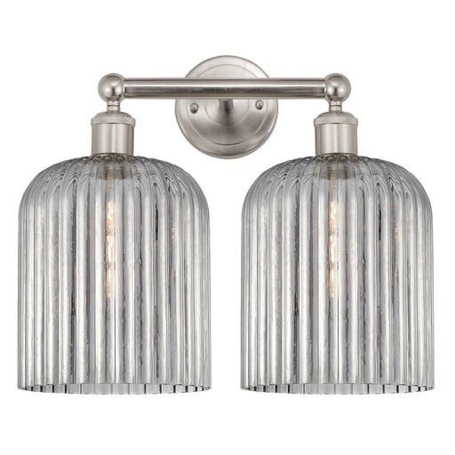 Innovations Bridal Veil 14in 2-Light Bath Vanity Light | Art Nouveau Industrial Brushed Satin Nickel and Light Smoke Ribbed | Model 616-2W-SN-G559-8SM