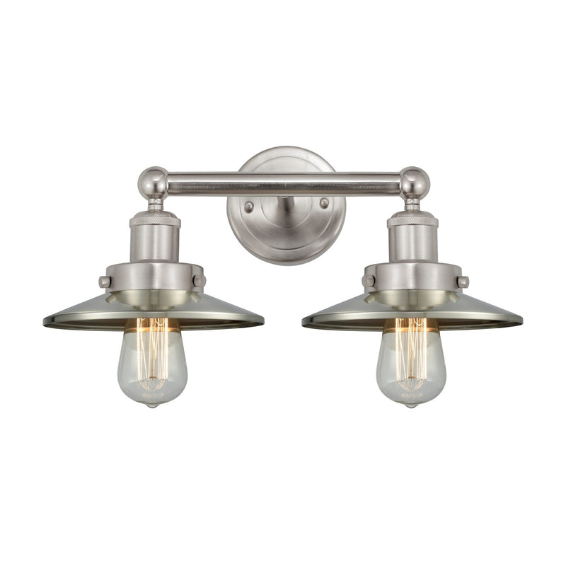 Innovations Railroad 17in 2-Light Bath Vanity | Traditional Industrial Brushed Satin Nickel Metal Shade | Bathroom Vanity Light | Model 616-2W-SN-M2-SN