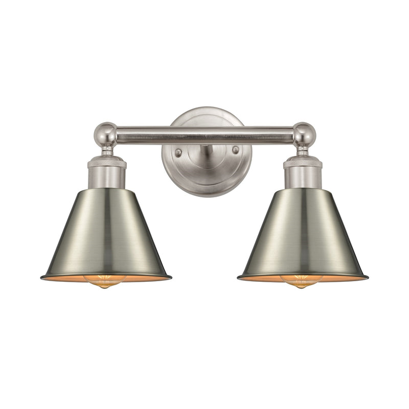 Innovations Smithfield 16in 2-Light Bath Vanity Light | Industrial Farmhouse Brushed Satin Nickel Metal Cone Shade | Bathroom | Model 616-2W-SN-M8-SN