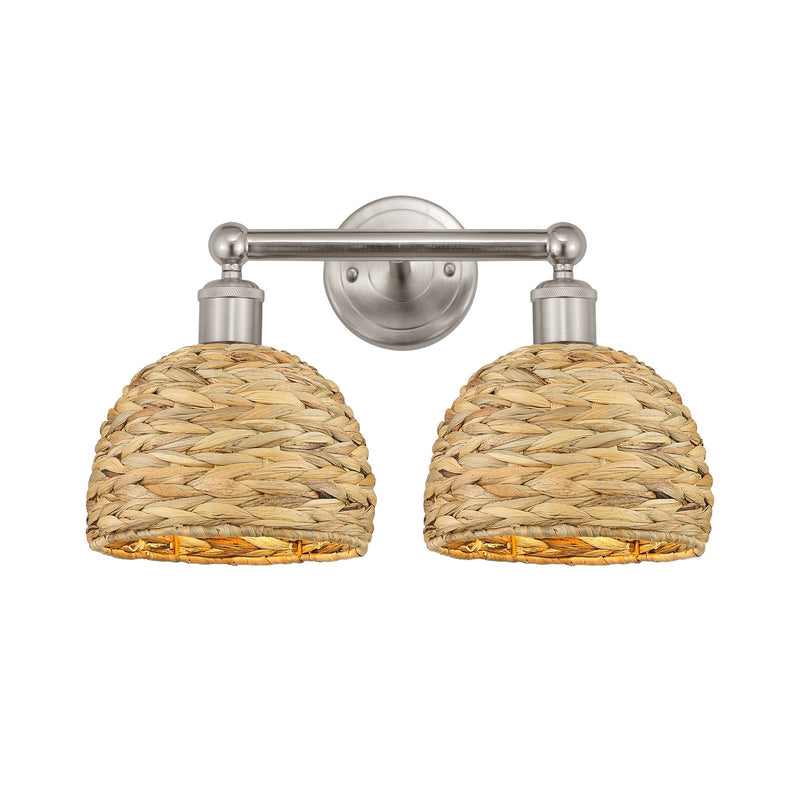 Innovations Woven Rattan 17in 2-Light Bath Vanity Light | Industrial Brushed Satin Nickel and Natural Fiber Dome Shade | Model 616-2W-SN-RBD-8-NAT
