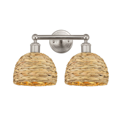 Innovations Woven Rattan 17in 2-Light Bath Vanity Light | Industrial Brushed Satin Nickel and Natural Fiber Dome Shade | Model 616-2W-SN-RBD-8-NAT