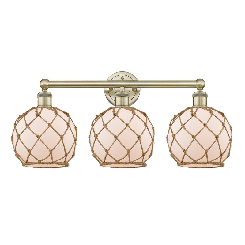Innovations Farmhouse Rope 26in 3-Light Bath Vanity | Industrial Antique Brass Steel and White Frosted Glass with Brown Rope | Model 616-3W-AB-G121-8RB