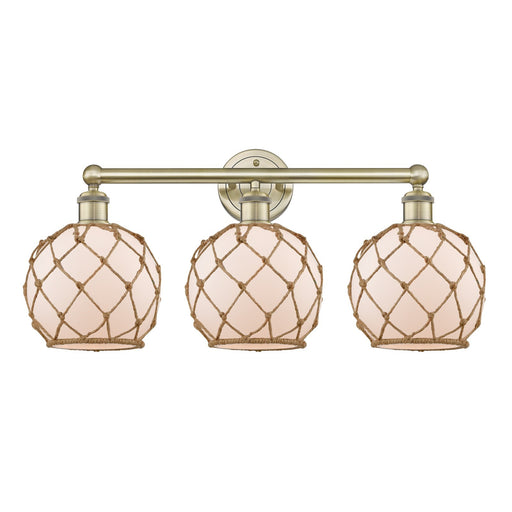 Innovations Farmhouse Rope 26in 3-Light Bath Vanity | Industrial Antique Brass Steel and White Frosted Glass with Brown Rope | Model 616-3W-AB-G121-8RB