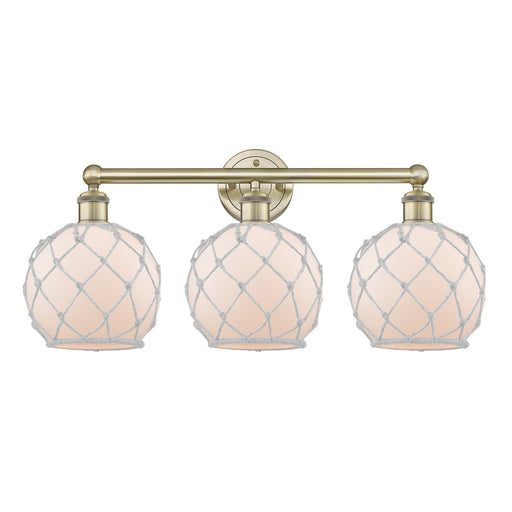 Innovations Farmhouse Rope 26in 3-Light Bath Vanity | Industrial Antique Brass Steel and White Frosted Glass with Rope | Model 616-3W-AB-G121-8RW