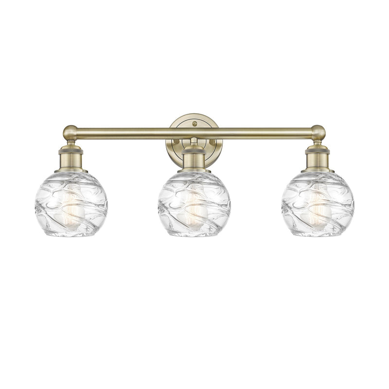 Innovations Athens Deco Swirl 24in 3-Light Bath Vanity | Industrial Antique Brass Steel and Clear Deco Swirl Glass | Bathroom | Model 616-3W-AB-G1213-6CL