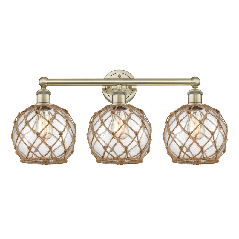 Innovations Farmhouse Rope 26in 3-Light Bath Vanity | Industrial Antique Brass Steel and Clear Glass with Brown Rope | Bathroom | Model 616-3W-AB-G122-8RB