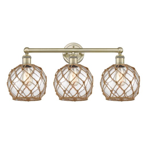Innovations Farmhouse Rope 26in 3-Light Bath Vanity | Industrial Antique Brass Steel and Clear Glass with Brown Rope | Bathroom | Model 616-3W-AB-G122-8RB