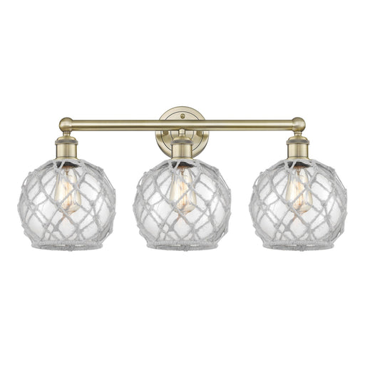 Innovations Farmhouse Rope 26in 3-Light Bath Vanity | Industrial Antique Brass Steel and Clear Glass with White Rope | Bathroom | Model 616-3W-AB-G122-8RW