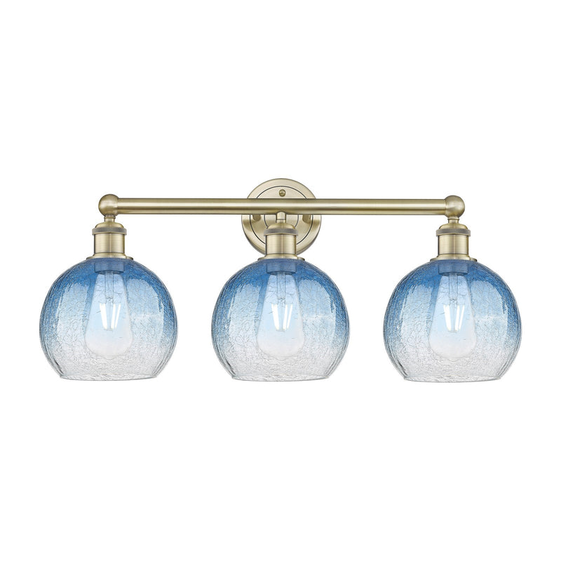 Innovations Brookhaven Globe 26in 3-Light Bath Vanity Light | Industrial Antique Brass Steel and Sapphire Blue Glass | Bathroom | Model 616-3W-AB-G483-8SB