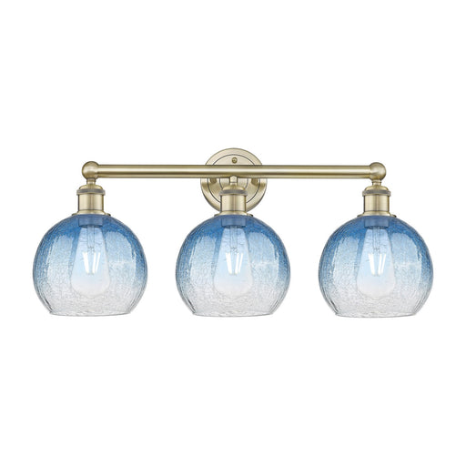 Innovations Brookhaven Globe 26in 3-Light Bath Vanity Light | Industrial Antique Brass Steel and Sapphire Blue Glass | Bathroom | Model 616-3W-AB-G483-8SB