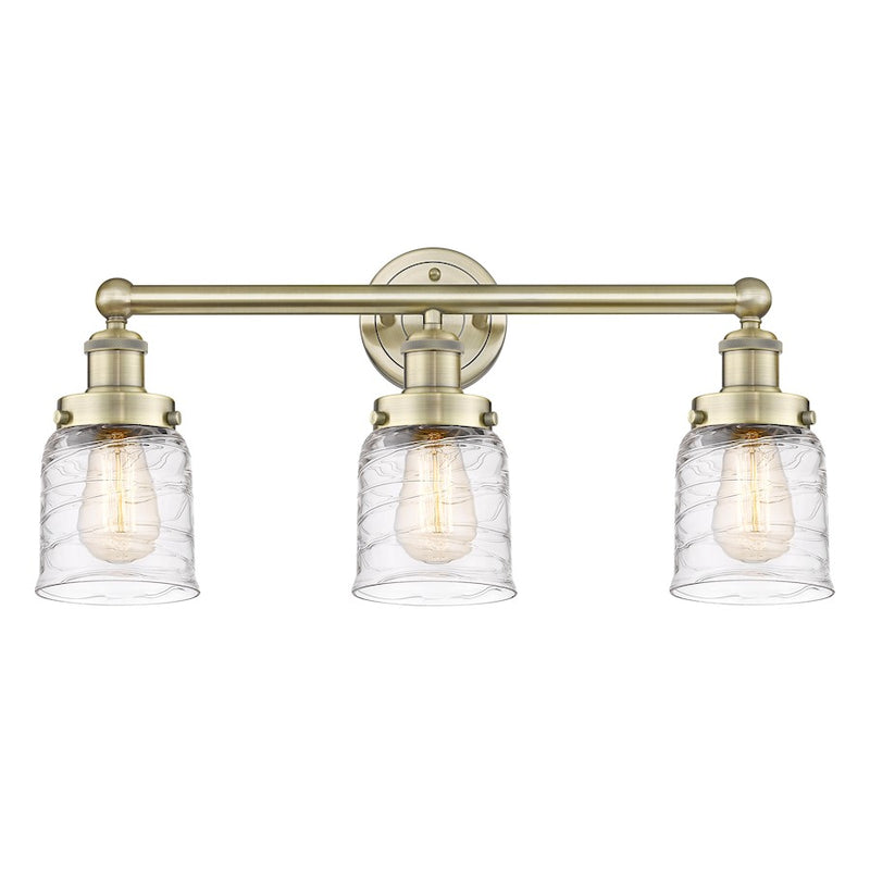 Innovations Edison Small Bell 25in 3-Light Bath Vanity Light | Art Nouveau Antique Brass Steel and Clear Deco Swirl Glass | Model 616-3W-AB-G513
