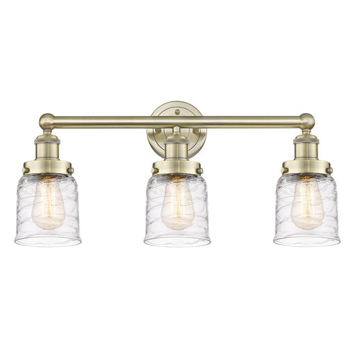 Innovations Edison Small Bell 25in 3-Light Bath Vanity Light | Art Nouveau Antique Brass Steel and Clear Deco Swirl Glass | Model 616-3W-AB-G513
