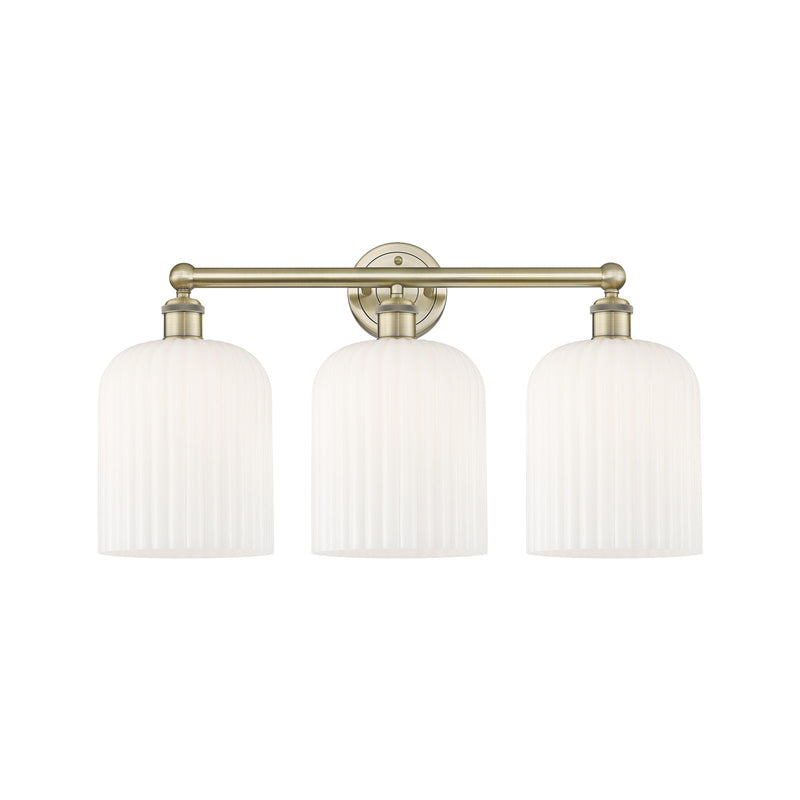 Innovations Bridal Veil 23in 3-Light Bath Vanity Light | Art Nouveau Antique Brass and Gloss White Ribbed Glass | Bathroom | Model 616-3W-AB-G559-8GWH