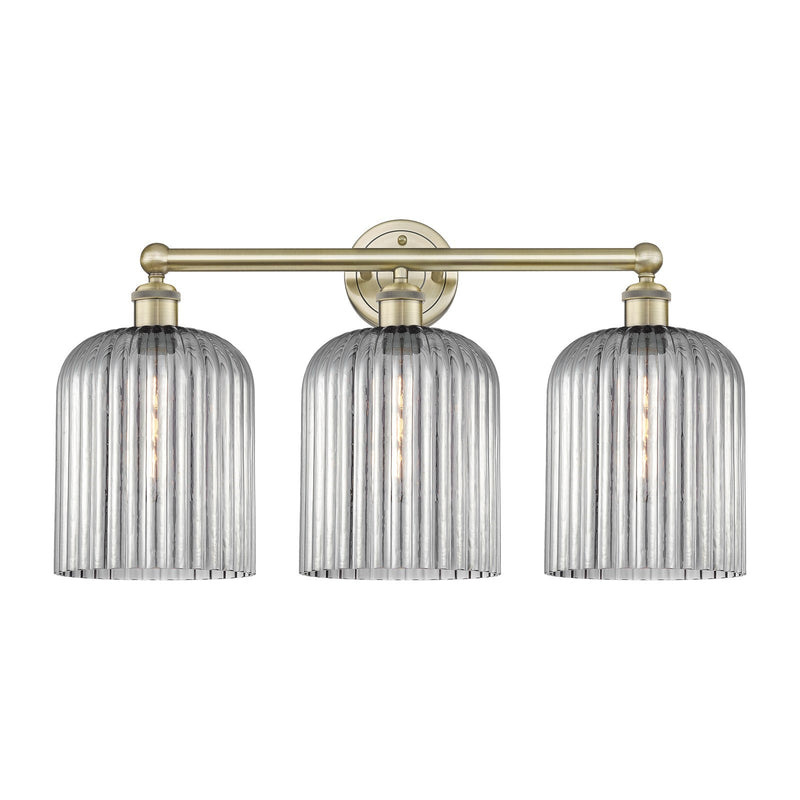 Innovations Bridal Veil 23in 3-Light Bath Vanity | Art Nouveau Antique Brass Steel and Light Smoke Ribbed Glass | Bathroom | Model 616-3W-AB-G559-8SM