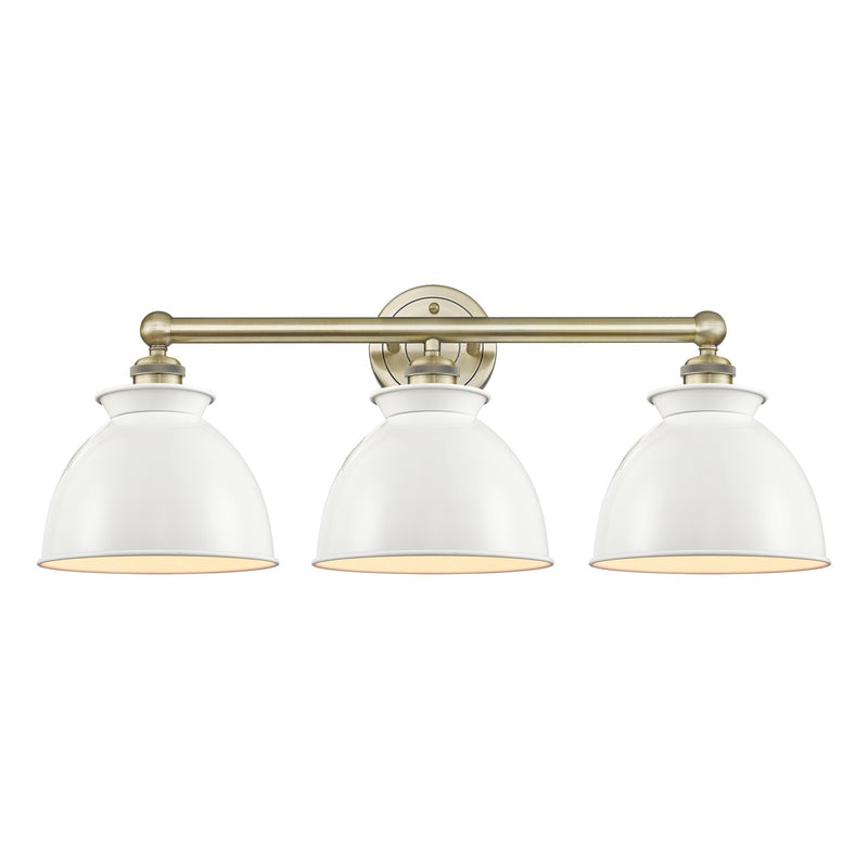 Innovations Adirondack 26in 3-Light Bath Vanity | Industrial Farmhouse Antique Brass and Glossy White Metal Shade | Damp-Rated | Model 616-3W-AB-M14-W