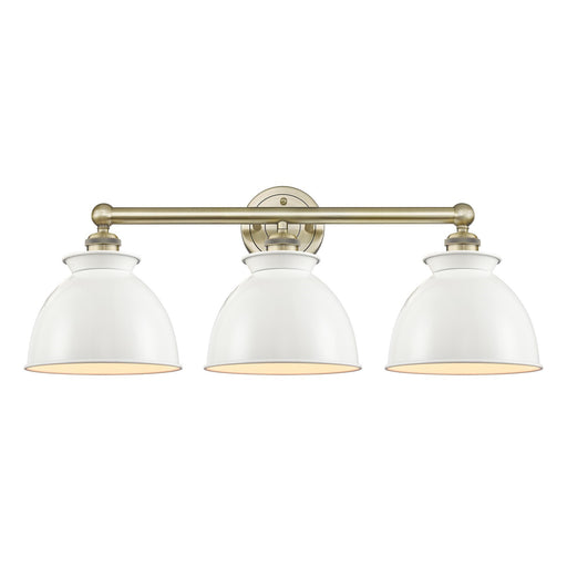Innovations Adirondack 26in 3-Light Bath Vanity | Industrial Farmhouse Antique Brass and Glossy White Metal Shade | Damp-Rated | Model 616-3W-AB-M14-W