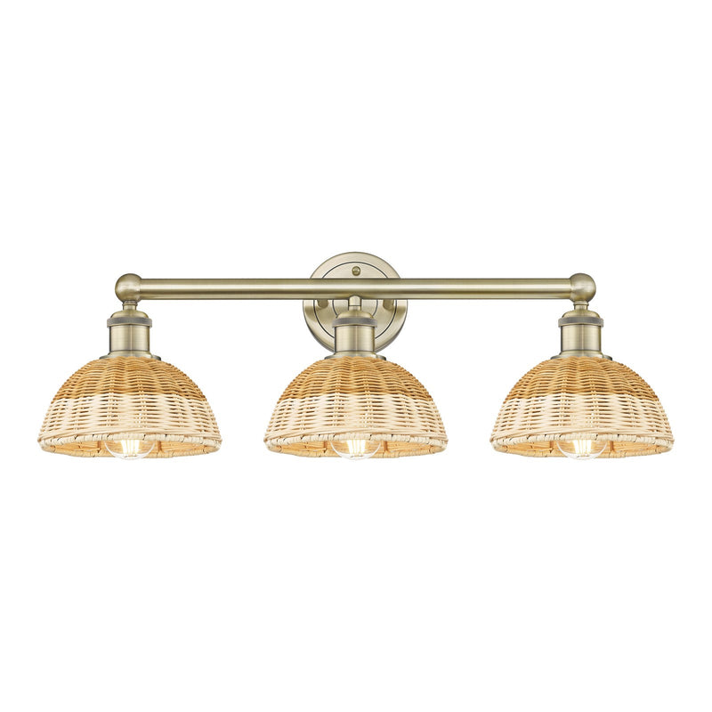 Innovations Bristol Natural II 26in 3-Light Bath Vanity Light | Industrial Antique Brass Steel and Natural Fiber Dome Shade | Model 616-3W-AB-NBD2-75-NAT