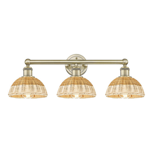 Innovations Bristol Natural II 26in 3-Light Bath Vanity Light | Industrial Antique Brass Steel and Natural Fiber Dome Shade | Model 616-3W-AB-NBD2-75-NAT