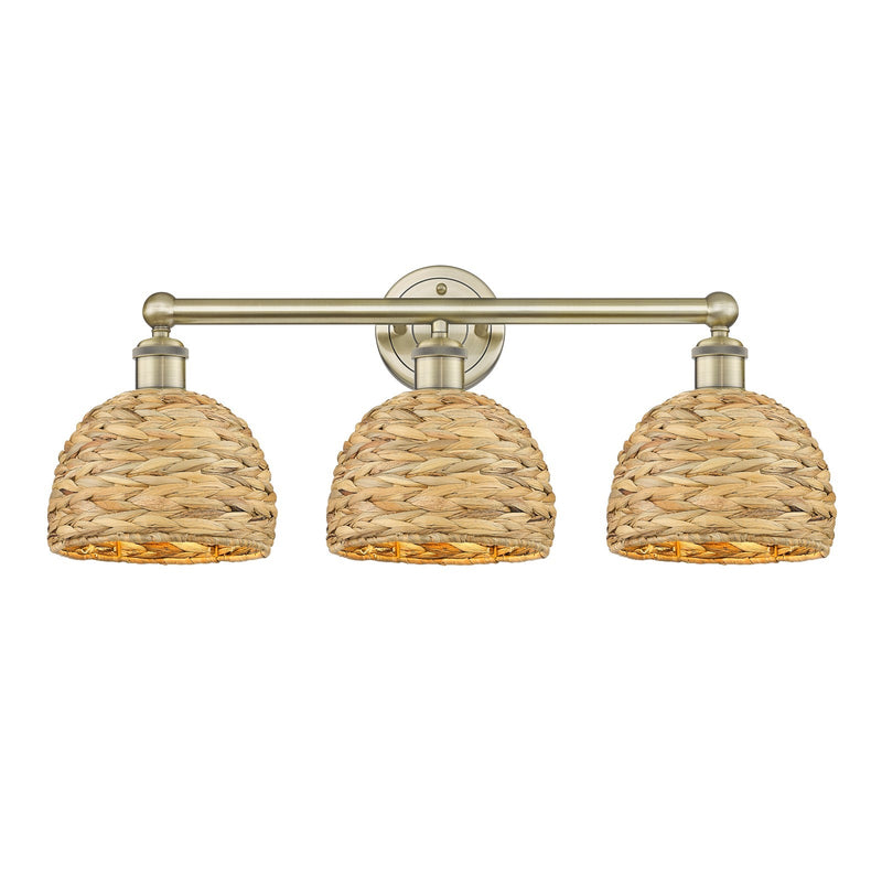 Innovations Woven Rattan 26in 3-Light Bath Vanity Light | Industrial Antique Brass and Natural Fiber Dome Shade | Bathroom | Model 616-3W-AB-RBD-8-NAT