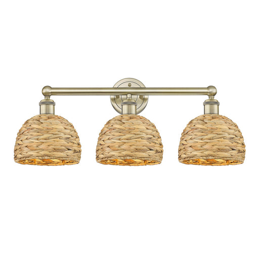 Innovations Woven Rattan 26in 3-Light Bath Vanity Light | Industrial Antique Brass and Natural Fiber Dome Shade | Bathroom | Model 616-3W-AB-RBD-8-NAT