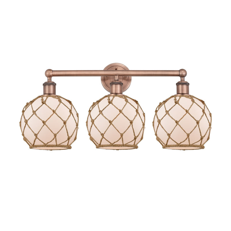 Innovations Farmhouse Rope 26in 3-Light Bath Vanity | Industrial Antique Copper and White Glass with Brown Rope | Bathroom | Model 616-3W-AC-G121-8RB