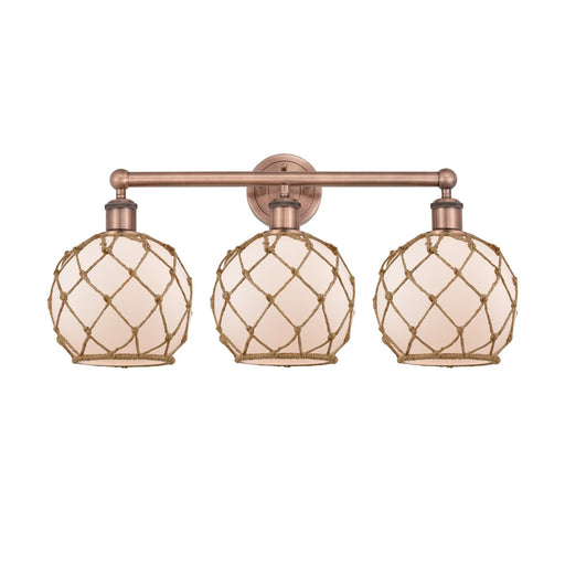 Innovations Farmhouse Rope 26in 3-Light Bath Vanity | Industrial Antique Copper and White Glass with Brown Rope | Bathroom | Model 616-3W-AC-G121-8RB