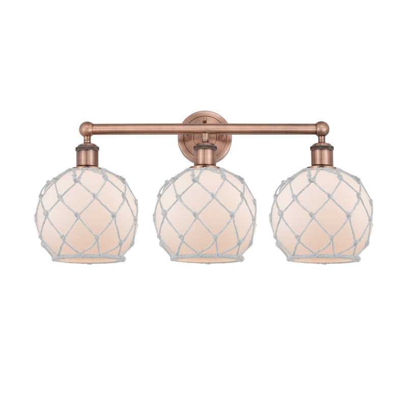 Innovations Farmhouse Rope 26in 3-Light Bath Vanity Light | Industrial Antique Copper Steel and White Frosted Glass with Rope | Model 616-3W-AC-G121-8RW