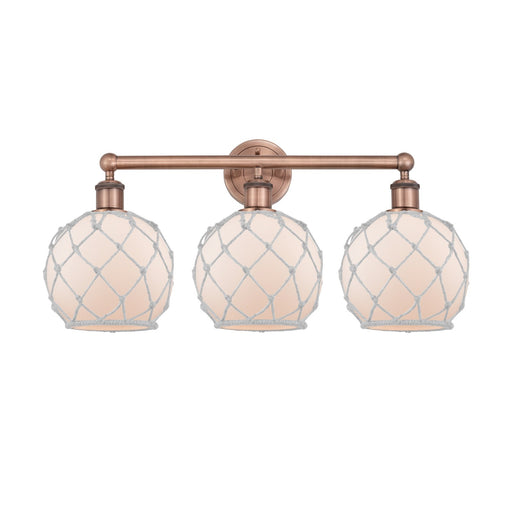 Innovations Farmhouse Rope 26in 3-Light Bath Vanity Light | Industrial Antique Copper Steel and White Frosted Glass with Rope | Model 616-3W-AC-G121-8RW