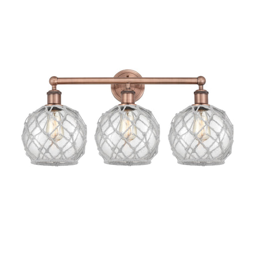 Innovations Farmhouse Rope 26in 3-Light Bath Vanity | Industrial Antique Copper Steel and Clear Glass with White Rope | Model 616-3W-AC-G122-8RW