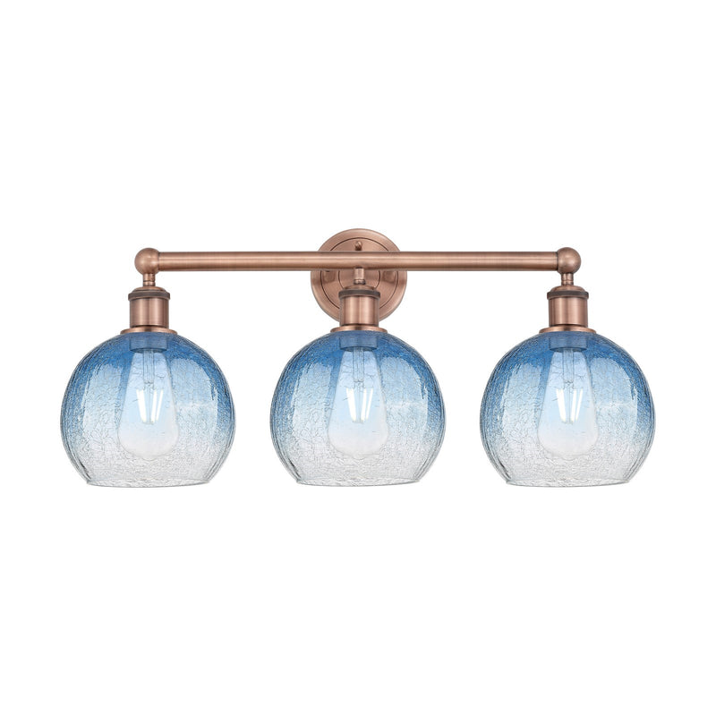 Innovations Brookhaven Globe 26in 3-Light Bath Vanity Light | Industrial Antique Copper and Sapphire Blue Glass | Damp Rated | Model 616-3W-AC-G483-8SB