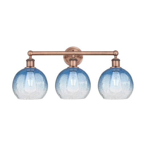 Innovations Brookhaven Globe 26in 3-Light Bath Vanity Light | Industrial Antique Copper and Sapphire Blue Glass | Damp Rated | Model 616-3W-AC-G483-8SB