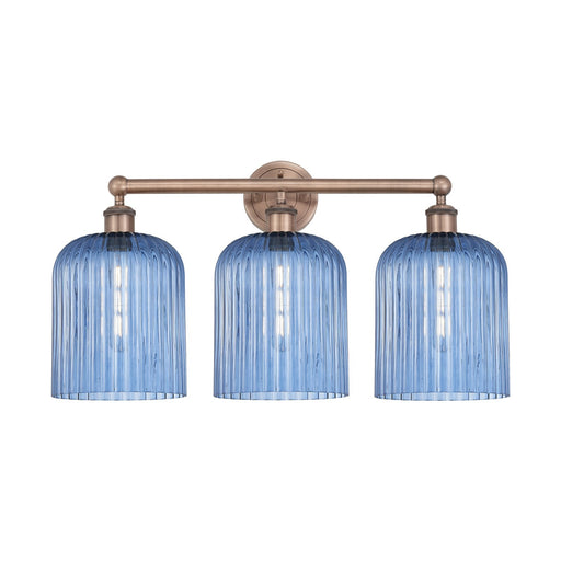 Innovations Bridal Veil 23in 3-Light Bath Vanity Light | Art Nouveau Antique Copper and Princess Blue Ribbed Glass | Bathroom & | Model 616-3W-AC-G559-8BL