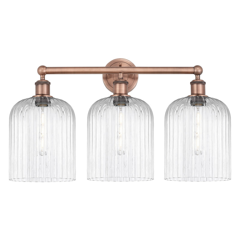 Innovations Bridal Veil 23in 3-Light Bath Vanity Light | Art Nouveau Antique Copper and Clear Ribbed Glass | Damp Rated | Model 616-3W-AC-G559-8CL