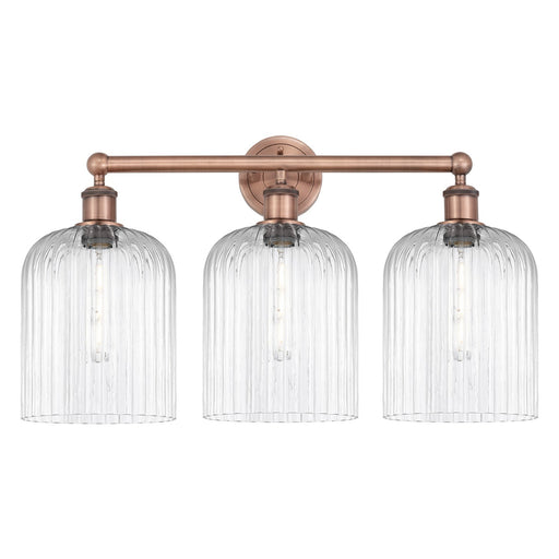 Innovations Bridal Veil 23in 3-Light Bath Vanity Light | Art Nouveau Antique Copper and Clear Ribbed Glass | Damp Rated | Model 616-3W-AC-G559-8CL