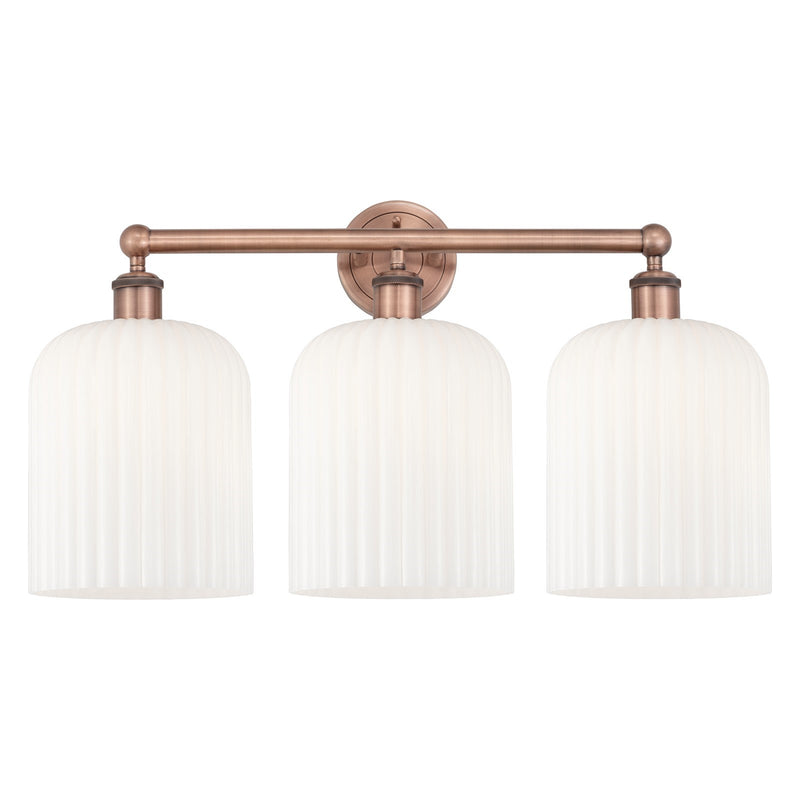 Innovations Bridal Veil 23in 3-Light Bath Vanity Light | Art Nouveau Antique Copper and Gloss White Ribbed Glass | Bathroom | Model 616-3W-AC-G559-8GWH