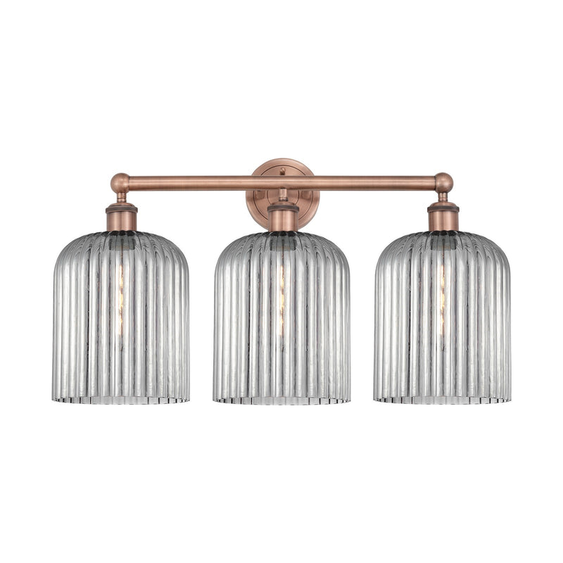 Innovations Bridal Veil 23in 3-Light Bath Vanity Light | Art Nouveau Industrial Antique Copper and Light Smoke Ribbed Glass | Model 616-3W-AC-G559-8SM