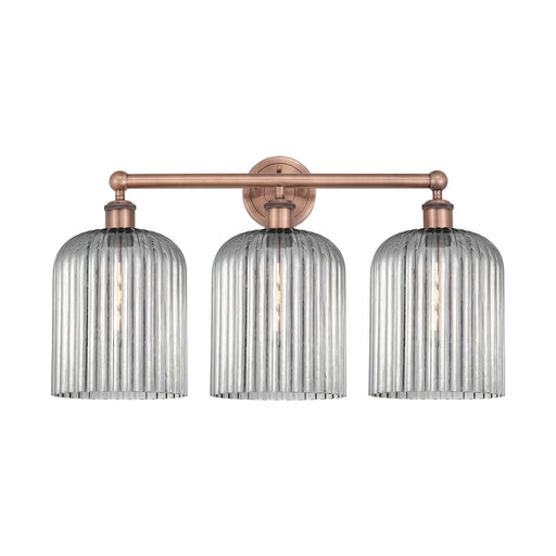 Innovations Bridal Veil 23in 3-Light Bath Vanity Light | Art Nouveau Industrial Antique Copper and Light Smoke Ribbed Glass | Model 616-3W-AC-G559-8SM
