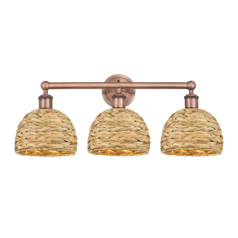 Innovations Woven Rattan 26in 3-Light Bath Vanity Light | Industrial Antique Copper Steel and Natural Fiber Shade | Bathroom | Model 616-3W-AC-RBD-8-NAT