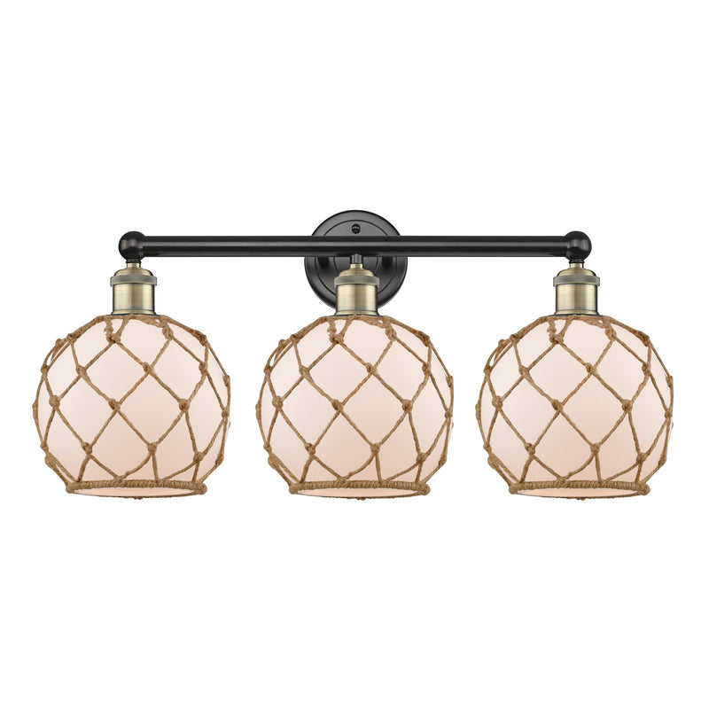 Innovations Farmhouse Rope 26in 3-Light Bath Vanity Light | Industrial Black Antique Brass Steel and White Glass with Brown | Model 616-3W-BAB-G121-8RB