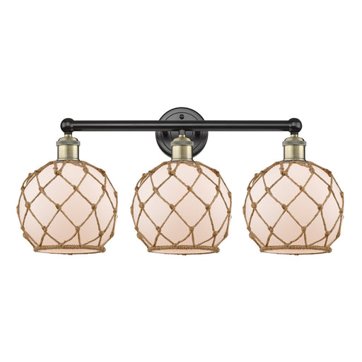 Innovations Farmhouse Rope 26in 3-Light Bath Vanity Light | Industrial Black Antique Brass Steel and White Glass with Brown | Model 616-3W-BAB-G121-8RB
