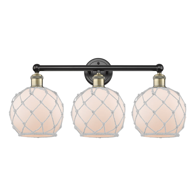 Innovations Farmhouse Rope 26in 3-Light Bath Vanity Light | Industrial Black Antique Brass and White Frosted Glass Rope Shade | Model 616-3W-BAB-G121-8RW