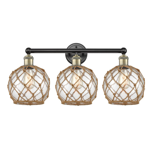 Innovations Farmhouse Rope 26in 3-Light Bath Vanity Light | Industrial Black Antique Brass and Clear Glass with Brown Rope | Model 616-3W-BAB-G122-8RB