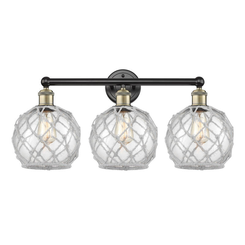 Innovations Farmhouse Rope 26in 3-Light Bath Vanity Light | Industrial Black Antique Brass and Clear Glass with White Rope | Model 616-3W-BAB-G122-8RW