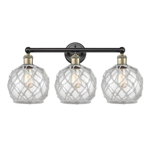 Innovations Farmhouse Rope 26in 3-Light Bath Vanity Light | Industrial Black Antique Brass and Clear Glass with White Rope | Model 616-3W-BAB-G122-8RW