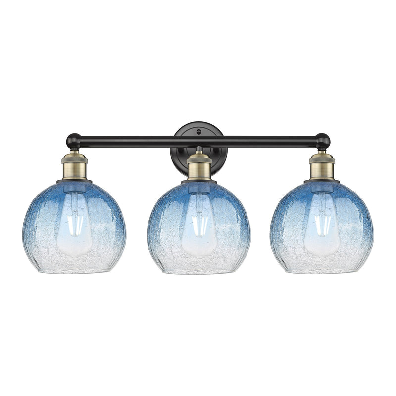 Innovations Brookhaven Globe 26in 3-Light Bath Vanity Light | Industrial Black Antique Brass and Sapphire Blue Glass | Model 616-3W-BAB-G483-8SB