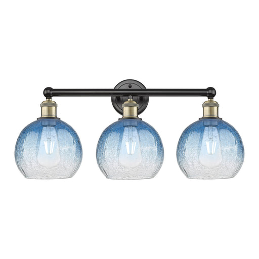Innovations Brookhaven Globe 26in 3-Light Bath Vanity Light | Industrial Black Antique Brass and Sapphire Blue Glass | Model 616-3W-BAB-G483-8SB